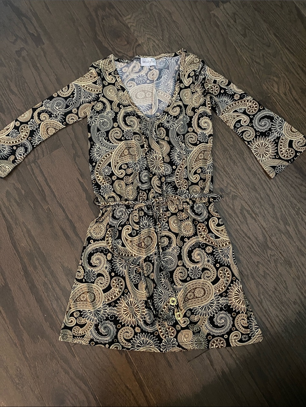 Mud Pie Black and Gold Paisley Mini Dress